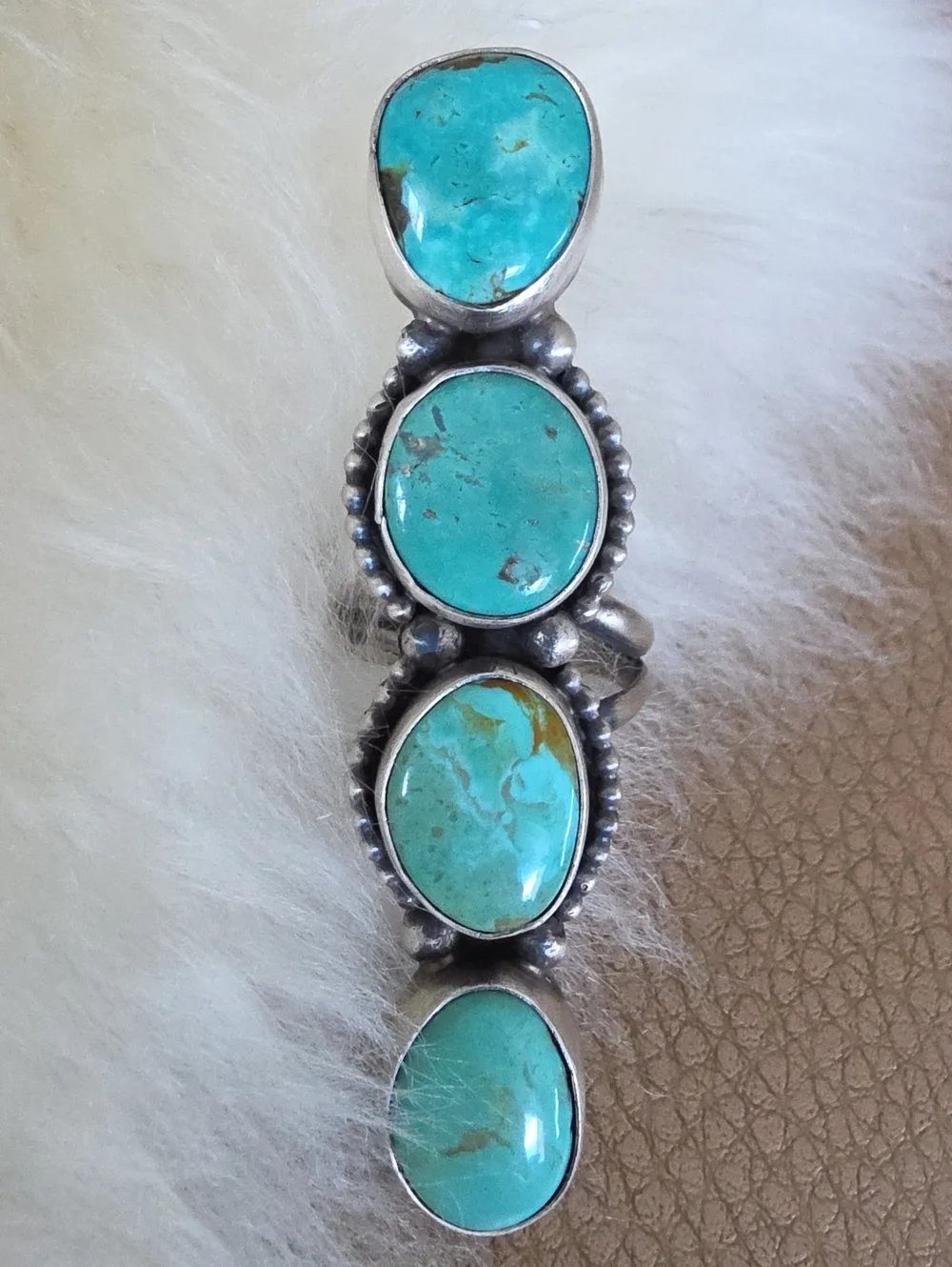 Fantastic NWT Native American Navajo Tyrone Turquoise 4 Stone Crawler Ring 🩵🎁